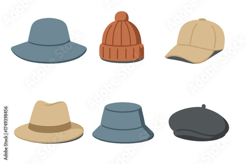 Collection of various hats and caps including knit beanie, baseball cap, fedora, and sun hat