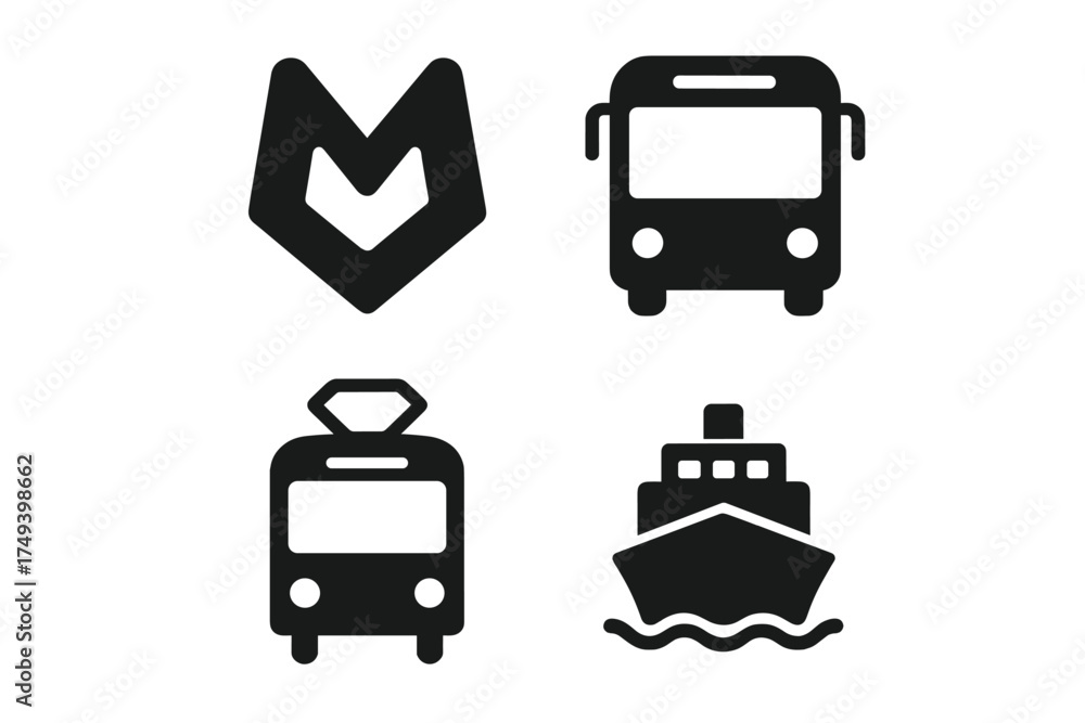Fototapeta premium Essential public transit icons: bus, streetcar, ferry boat, and abstract navigation marker