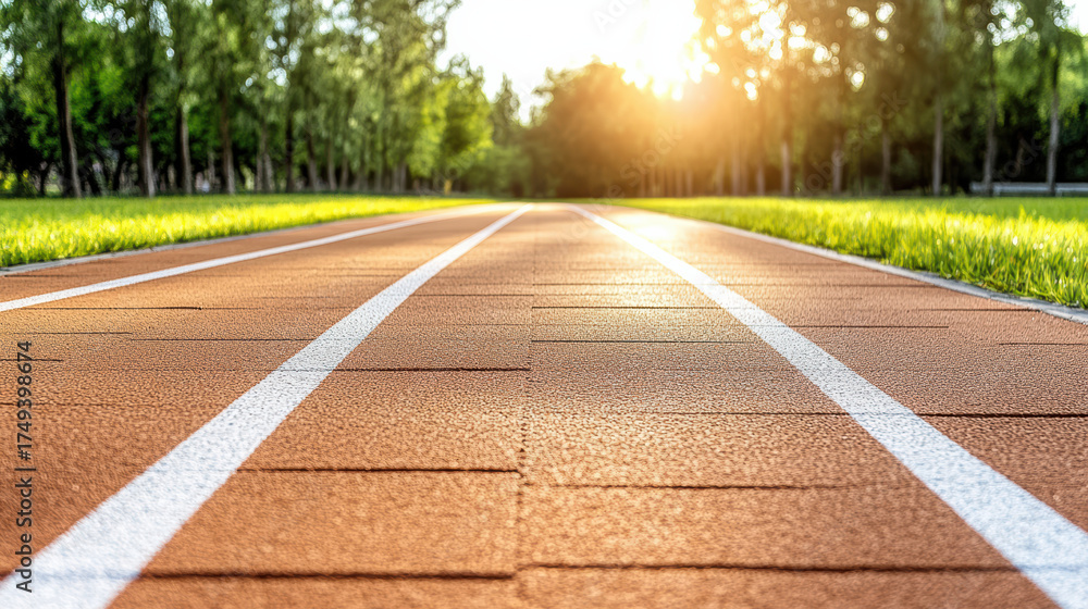 Obraz premium Empty running track illuminated by golden hour light, surrounded by lush greenery