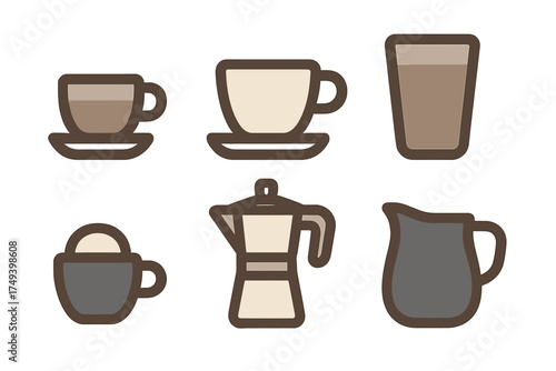 Collection of coffee cups, espresso cups, moka pot, glass, and milk pitcher symbols