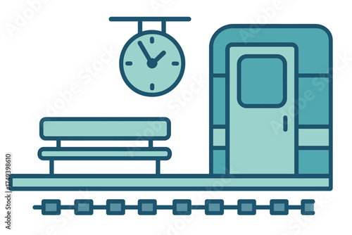 Minimalist train station platform scene with bench and hanging clock next to a subway car door