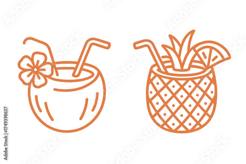 Outline style tropical summer drinks featuring coconut cocktail and pineapple beverage
