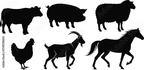Black farm animal silhouettes set including cow, pig, sheep, chicken, goat, and horse isolated vector icons for agriculture design