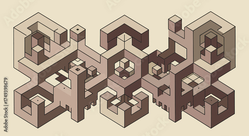 Isometric abstract composition of interlocking geometric cube forms in monochrome tones