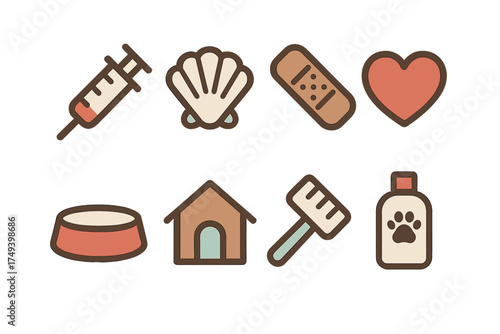 Essential pet care icons featuring veterinary tools, grooming supplies, and animal housing symbols