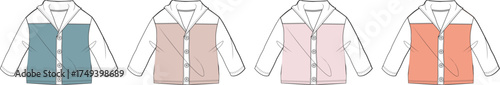 Flat sketch of a versatile collared shirt or jacket showcasing various color panel options for fashion design and apparel development, perfect for clothing mock-ups and textile concepts