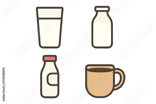 Various dairy milk bottles, glass of milk, and hot coffee mug beverages served for morning breakfast