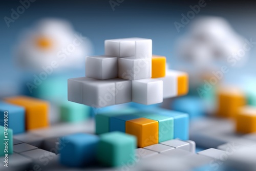 Abstract geometric structure with floating cubes in white, blue, and orange