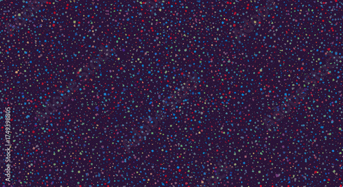 Dark purple background with scattered multicolored irregular geometric confetti fragments