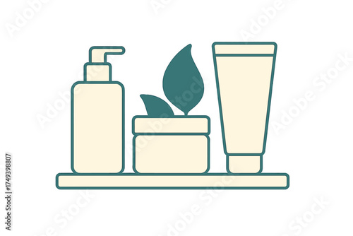 Minimalist set of natural cosmetic products on a shelf including pump bottle and cream tube