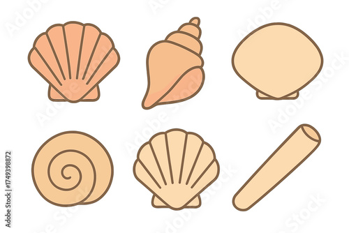 Set of marine seashells and spiral snail shells in soft pastel colors