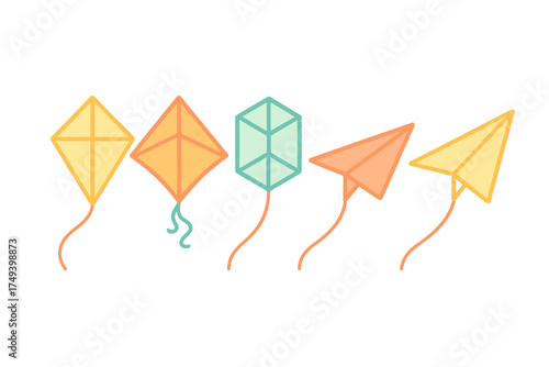 Collection of brightly colored kites and paper planes flying toys on white background