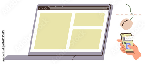 Laptop with a webpage layout, computer mouse, and a hand holding a smartphone displaying notifications. Ideal for technology, communication, remote work, online services, networking, multitasking