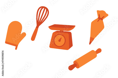 Essential kitchen tools for baking and pastry preparation including whisk scale rolling pin and oven mitt
