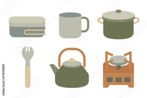 Minimalist set of outdoor camping kitchen essentials including stove kettle pot mug and spork