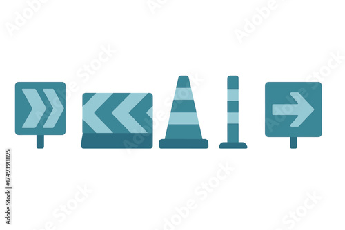 Collection of essential road construction signs, traffic cone, and safety barrier symbols