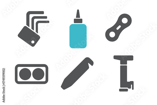 Essential cycling repair tools and maintenance equipment set featuring pump, chain, and hex keys