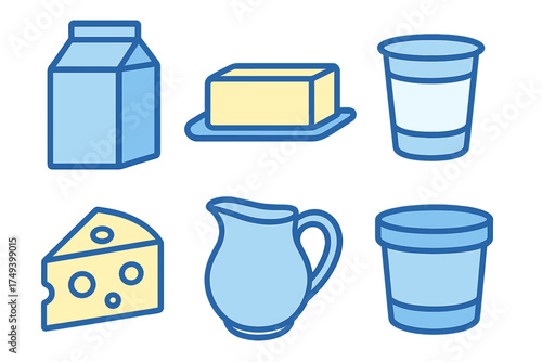 Set of dairy products including milk carton, butter stick, cheese wedge, yogurt cup, and cream pitcher
