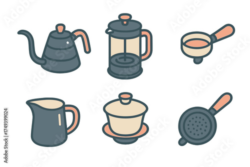 Modern kitchenware icons for preparing and serving coffee and tea beverages