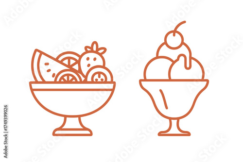 Fresh fruit salad bowl and classic ice cream sundae dessert cup