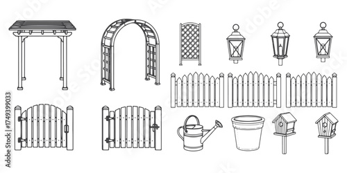 CAD Drawings. Set of fencing and boundary elements outline. Includes wooden fence, wire fence, metal railing, garden gate etc. Vector illustration.