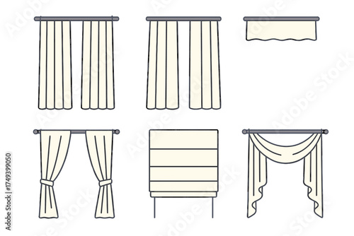 Collection of various window treatments including drapes, blinds, and valances on curtain rods