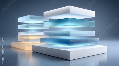 Abstract glass blocks stacked in geometric formation with light glows on blue background