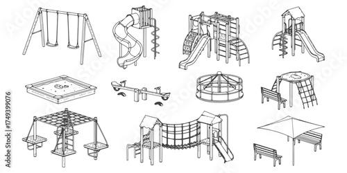 CAD Drawings. Set of playground and park recreation assets outlines. Includes swings, slides, climbing frames, see-saw etc. Vector illustration.