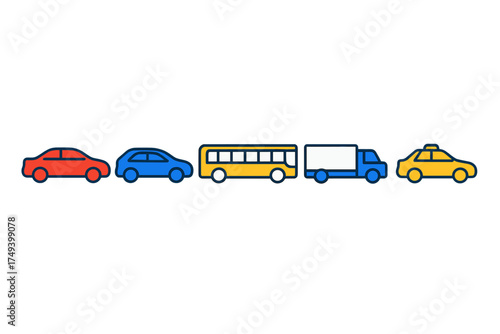 Colorful flat design urban transportation vehicles including bus truck and taxi