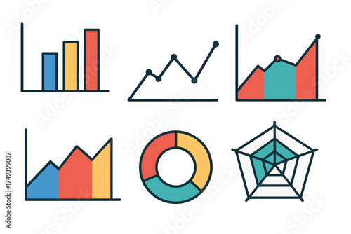 Essential business data visualization charts and graphs set including bar, line, area, donut, and radar diagrams