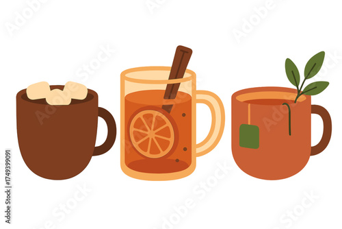 Cozy autumn and winter hot drinks assortment including cocoa, spiced cider, and herbal tea