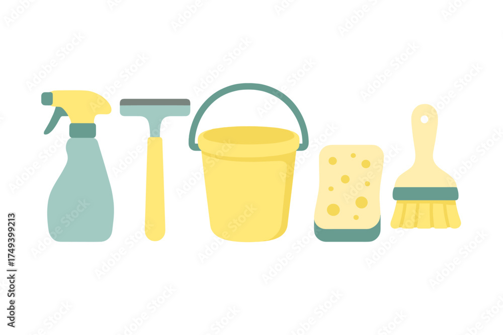 Obraz premium Household cleaning supplies arranged in a row: spray bottle, squeegee, bucket, sponge, and brush
