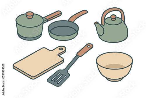 Various kitchen utensils and cookware set including pot, pan, kettle, and cutting board