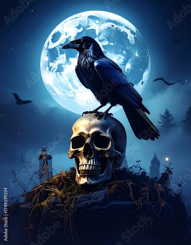 A night scene featuring a raven perched atop a skull with a full moon in the backdrop, creating a gothic, eerie atmosphere