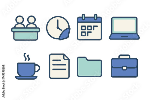 Essential business and office symbols set covering meeting, time, schedule, computing, and documents