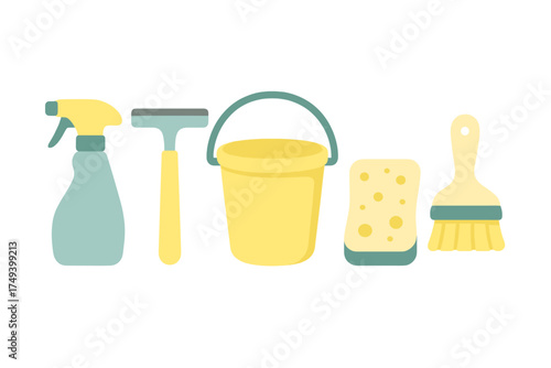 Household cleaning supplies arranged in a row: spray bottle, squeegee, bucket, sponge, and brush