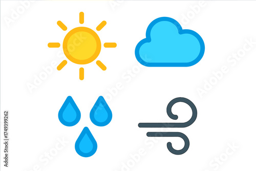 Set of common weather forecast symbols including sun, cloud, rain, and wind icons