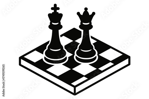 Black silhouette of King and Queen chess pieces on an isometric checkered board