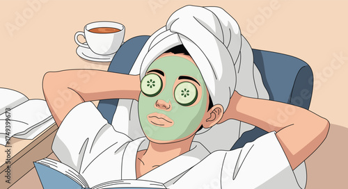 Stylish Handdrawn Woman Relaxing with Facial Mask and Reading a Book Illustration