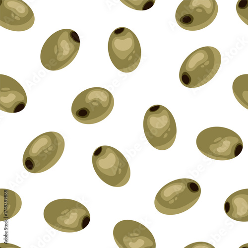 Seamless olive pattern. Vector illustration of green olives on an isolated background. Suitable for organic cosmetics, wallpaper, backgrounds, textiles, and packaging.