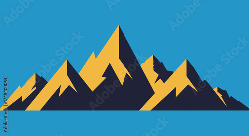 Stylized geometric mountain range illustration against a solid blue sky