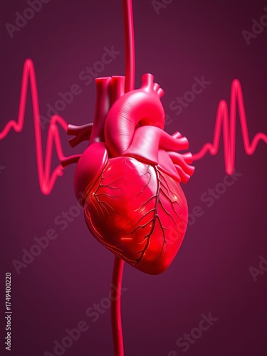 A vibrant red anatomical heart illustration is digitally rendered against a dark background, displaying an associated electrocardiogram tracing visualization.