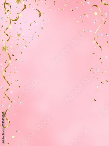 Celebratory pink background with gold serpentine ribbons and star confetti falling from the upper corners creating a festive and elegant vertical design element.