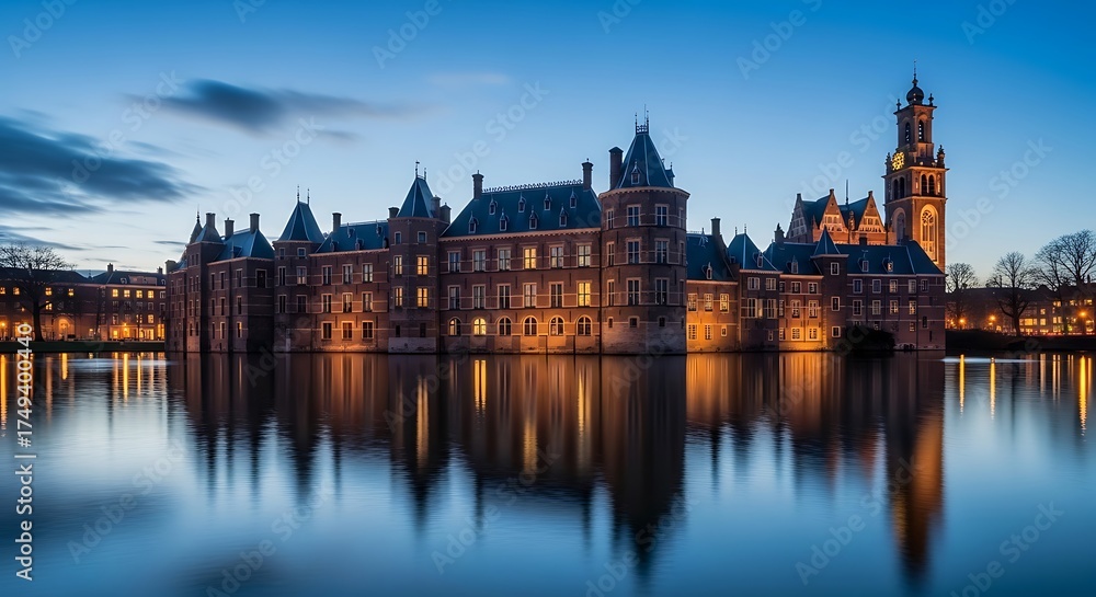Fototapeta premium Binnenhof Reflection - Serene Dusk at The Hagues Historic Landmark.