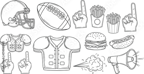 American football fan gear, stadium food, foam fingers, helmet, shoulder pads, cheering hands, sports culture, game day vector illustration