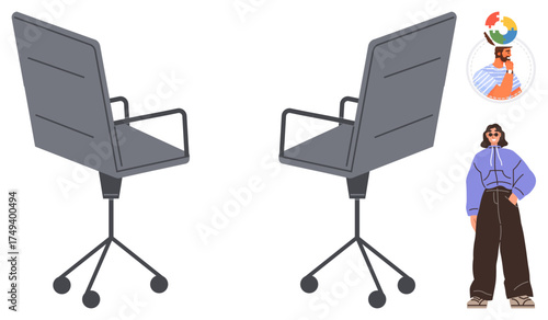 Two modern office chairs for workspace setup alongside illustrated characters symbolizing teamwork, creativity, and diverse perspectives. Ideal for office, meetings, workplace diversity