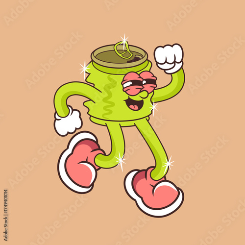 Retro character design of dancing beverage can