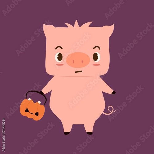 cute hand drawn cartoon character little pig with pumpkin lantern funny halloween holiday vector illustration on purple background