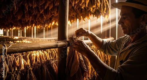 Farmer working in a barn hanging tobacco leaves for drying under dramatic sun rays