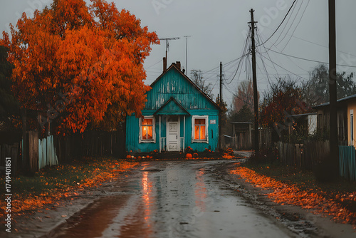 Rustic Autumn Cottage with Vibrant Foliage and Overcast Sky